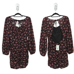 Fashion Nova Women L NovaVintage Annie Dress Black Pink Floral Ruched Open Back